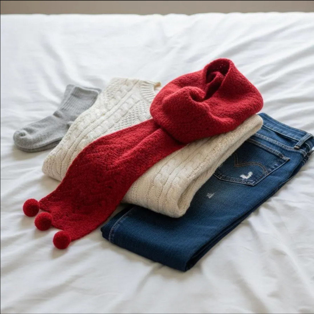 Woman wearing a chunky red crochet scarf with pom-pom trim, easy PDF crochet pattern